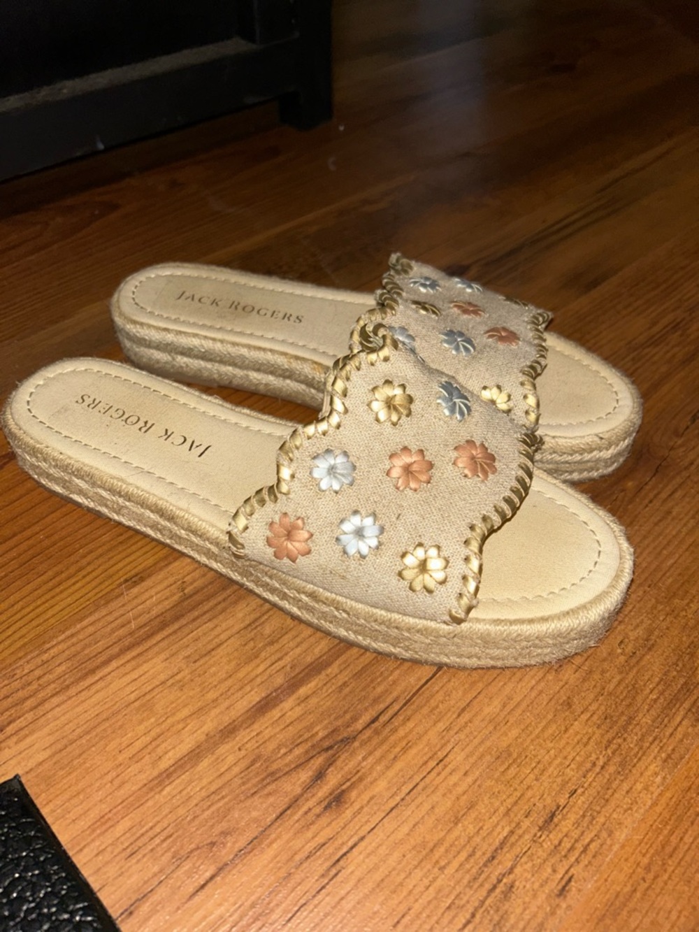 Jack Rogers Beige Slide Sandals with Multicolor Floral Studs